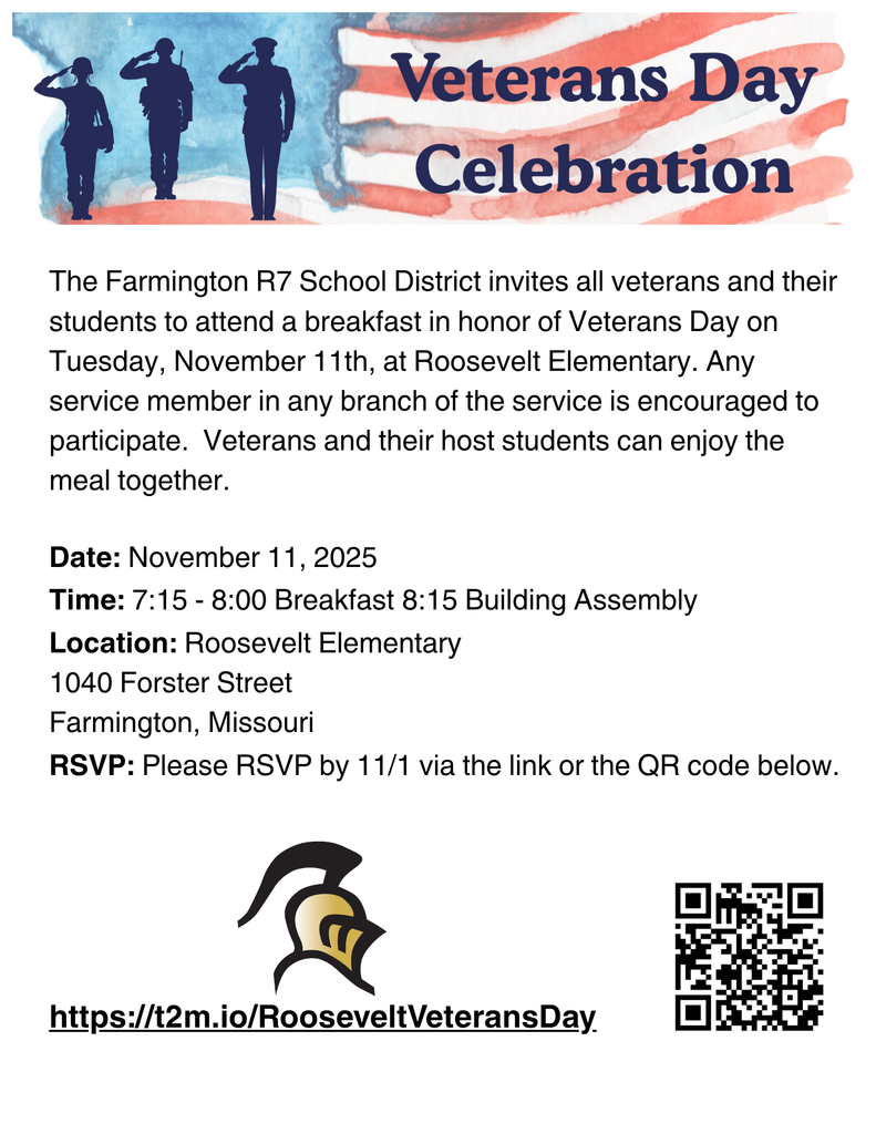 We are excited to welcome Veterans to our building for breakfast on November 11th! Please see the attached flyer with more information. The sign-up form is also attached. Please sign up by November 1st. If you have any questions, please contact us! https://t2m.io/RooseveltVeteransDay