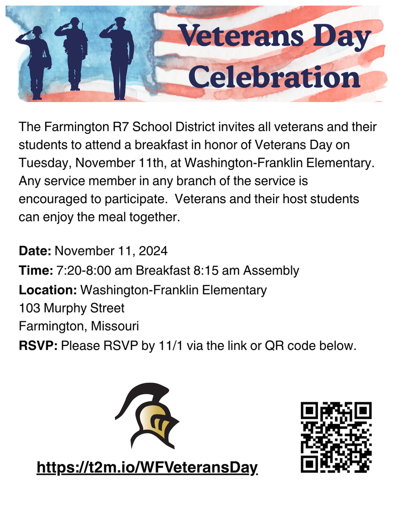 We are excited to welcome Veterans to our building for breakfast on November 11th! Please see the attached flyer with more information. The sign-up form is also attached. Please sign up by November 1st. If you have any questions, please contact us! https://t2m.io/WFVeteransDay 
