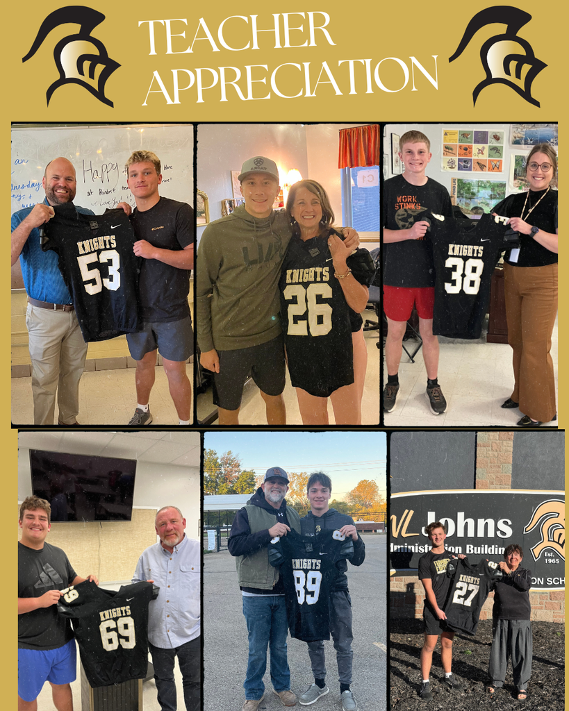 collage of teachers with a football player each holding a jersey