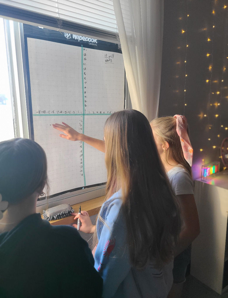 A group of students are gathered around a whiteboard, actively collaborating on an activity involving a large coordinate plane grid.