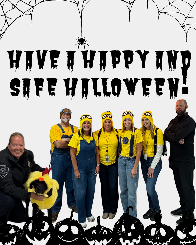 SRO Helton, Frida the therapy dog in a chicken costume, teachers as Gru and the Minions