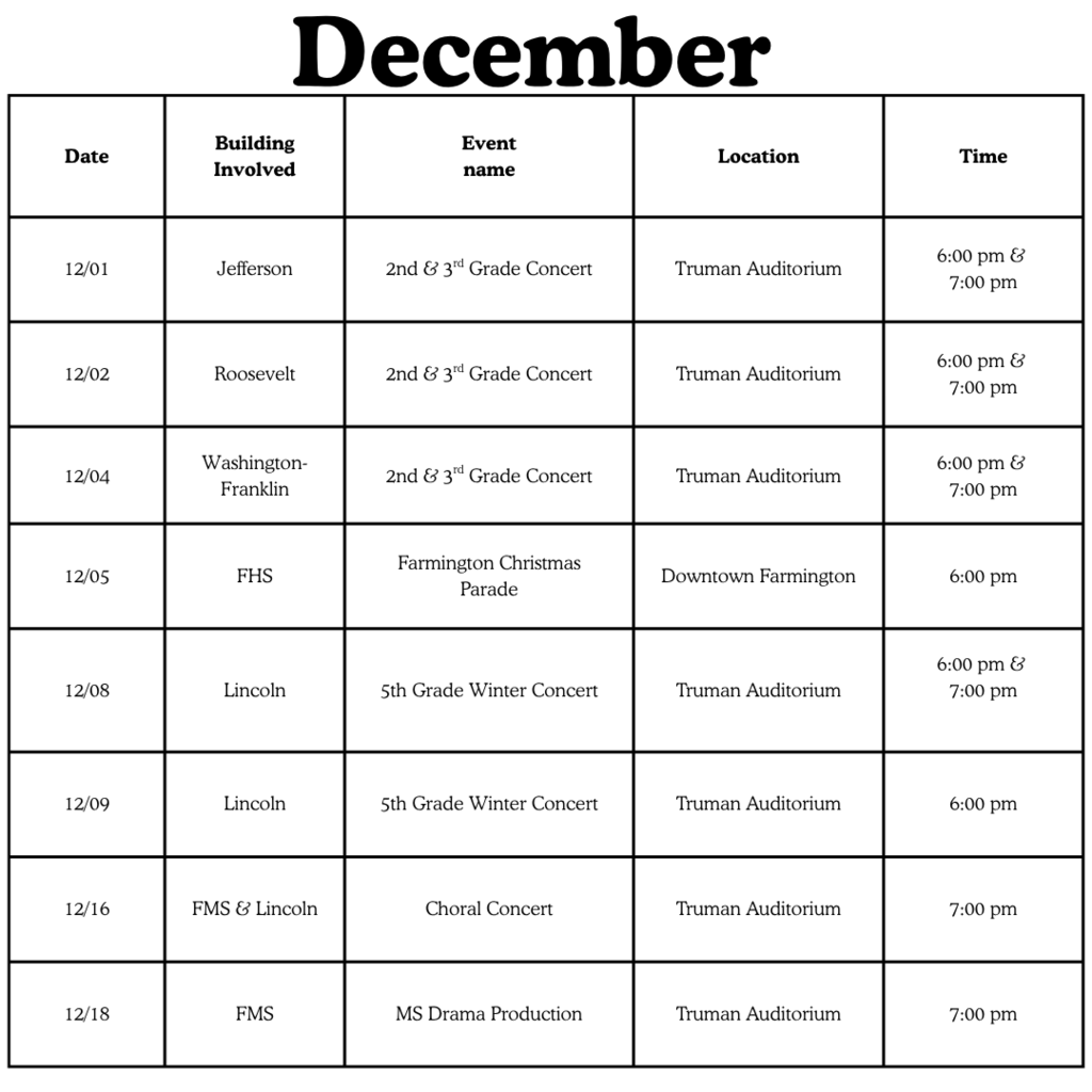 Date "Building Involved" "Event name" Location Time 12/01 Jefferson 2nd & 3rd Grade Concert Truman Auditorium "6:00 pm & 7:00 pm" 12/02 Roosevelt 2nd & 3rd Grade Concert Truman Auditorium "6:00 pm & 7:00 pm" 12/04 Washington-Franklin 2nd & 3rd Grade Concert Truman Auditorium "6:00 pm & 7:00 pm" 12/05 FHS Farmington Christmas Parade Downtown Farmington 6:00 pm 12/08 Lincoln 5th Grade Winter Concert Truman Auditorium "6:00 pm & 7:00 pm " 12/09 Lincoln 5th Grade Winter Concert Truman Auditorium 6:00 pm 12/16 FMS & Lincoln Choral Concert Truman Auditorium 7:00 pm 12/18 FMS MS Drama Production Truman Auditorium 7:00 pm