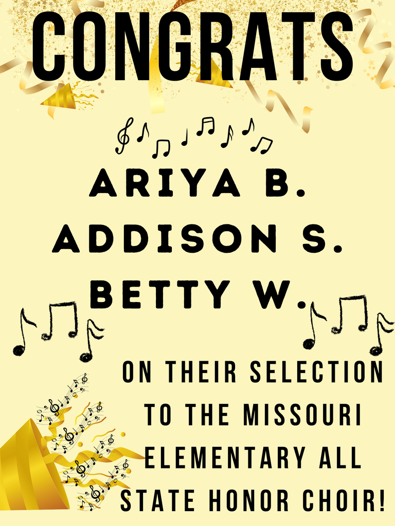We are thrilled to announce that three of our talented intermediate school students have been selected for the prestigious Missouri All-State Children's Choir (MASCC)! This is a tremendous honor and a testament to their hard work and dedication to music. We are incredibly proud of them! 
