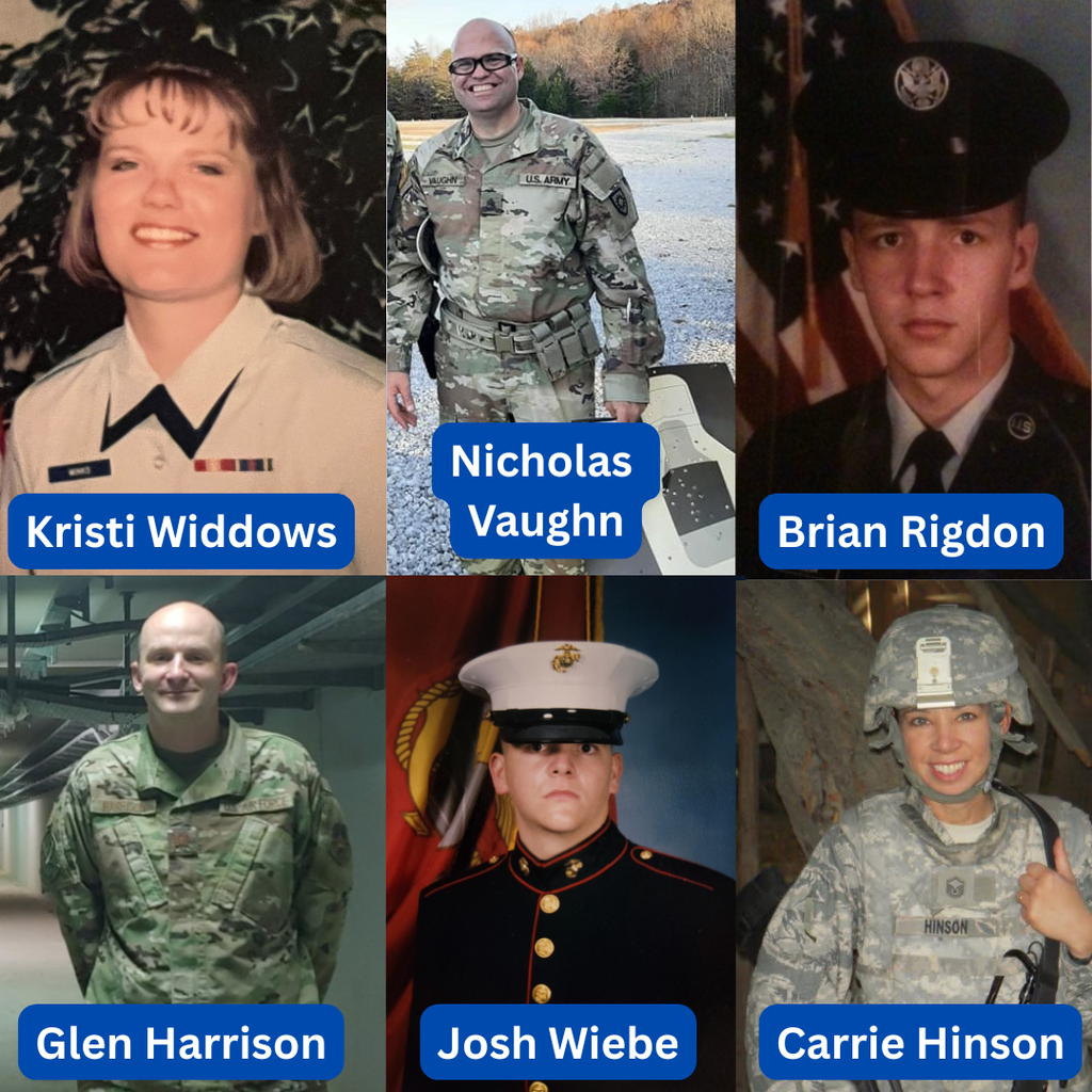 Photos of Kristi Widdows, Nicholas Vaughn, Brian Rigdon, Glen Harrison, Josh Wiebe and Carrie Hinson in military uniforms