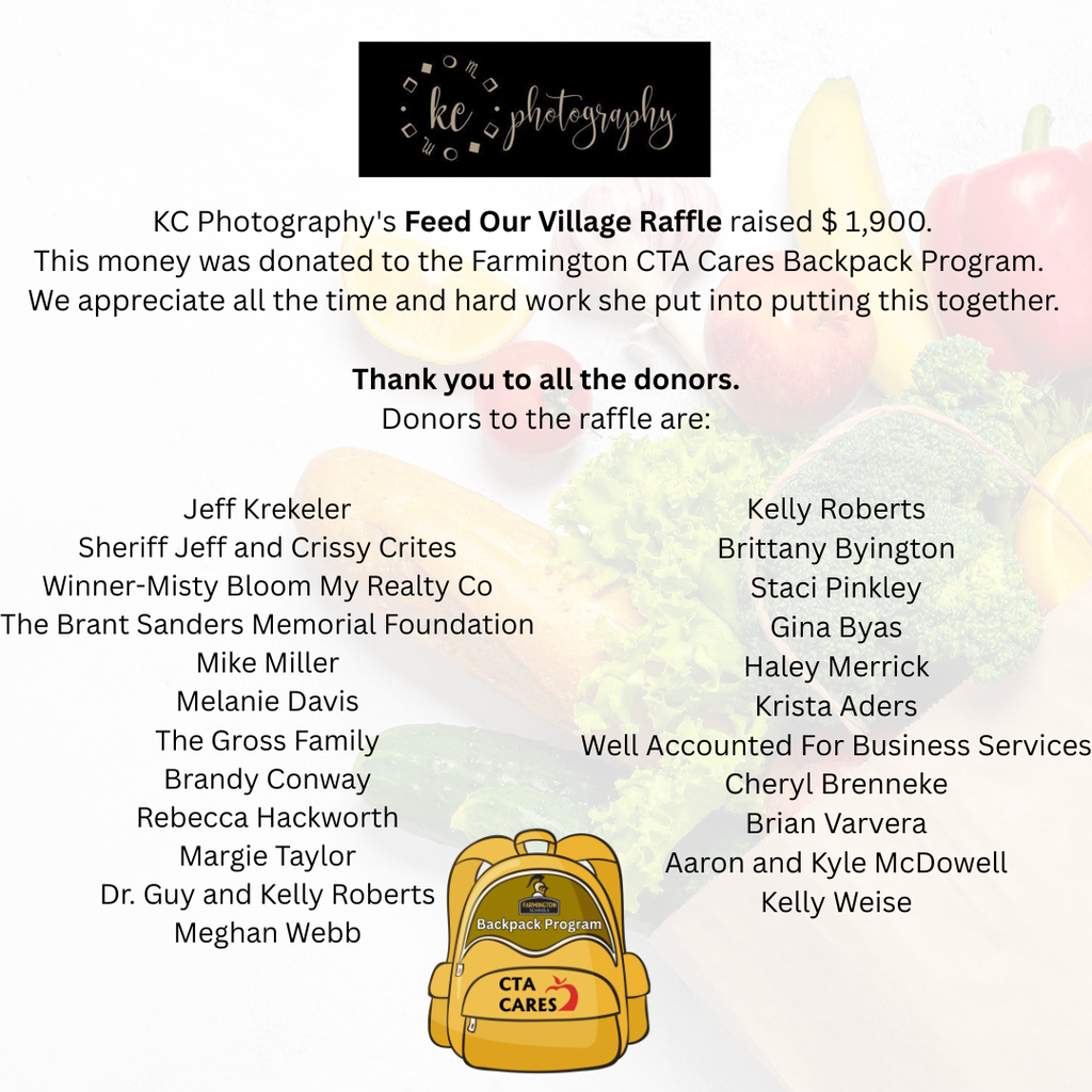 donations from Jeff Krekeler Sheriff Jeff and Crissy Crites Winner-Misty Bloom My Realty Co The Brant Sanders Memorial Foundation Mike Miller Melanie Davis The Gross Family Brandy Conway Rebecca Hackworth Margie Taylor Dr. Guy and Kelly Roberts Meghan Webb Kelly Roberts Brittany Byington Staci Pinkley Gina Byas Haley Merrick Krista Aders Well Accounted For Business Services Cheryl Brenneke Brian Varvera Aaron and Kyle McDowell Kelly Weise