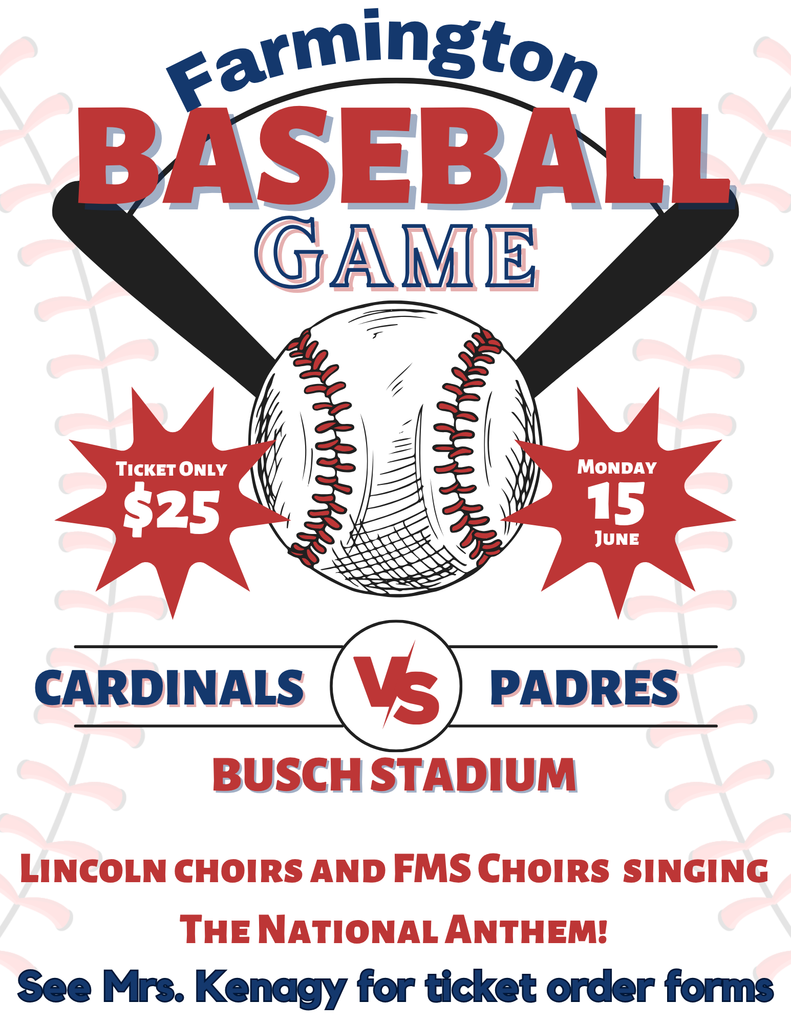 Save the date: FMS Choirs will be singing the National Anthem at a Cardinals game in June! Ticket information coming soon. Tickets $25. Monday June 15th 