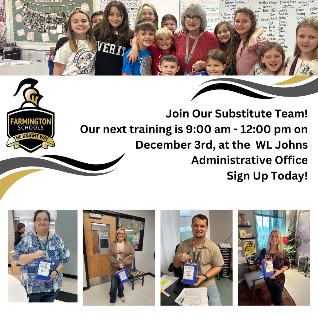 Same info as caption; pictures of substitutes and students