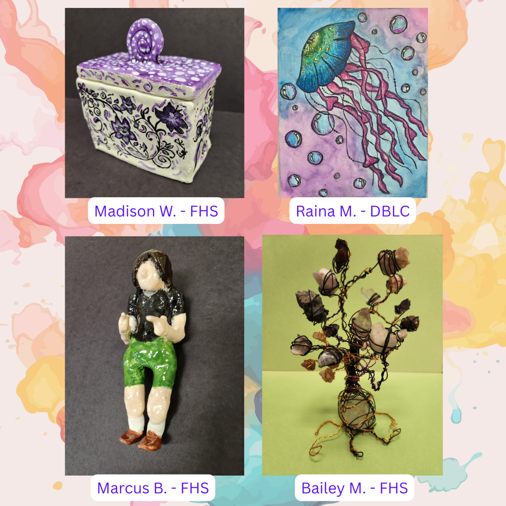 student artwork - clay container, picture of jelly fish, clay human figurine, wire tree with rocks in it