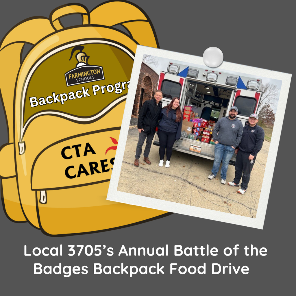 Backpack graphic and a picture of individuals with the Battle of the Badges Backpack Food Drive