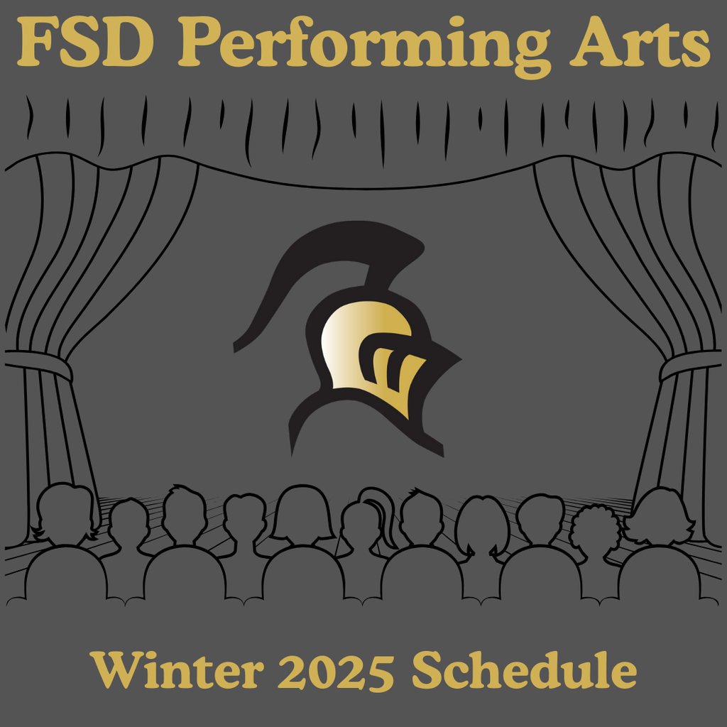 Knight head behind curtains on a stage outlines of an audience. FSD Performing Arts Winter 2025 Schedule