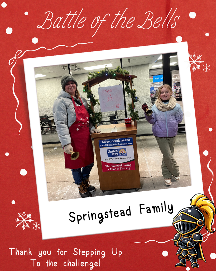 a graphic that includes a photo of Mrs. Springstead and her daughter ringing the bell for the United Way of St. Francois County