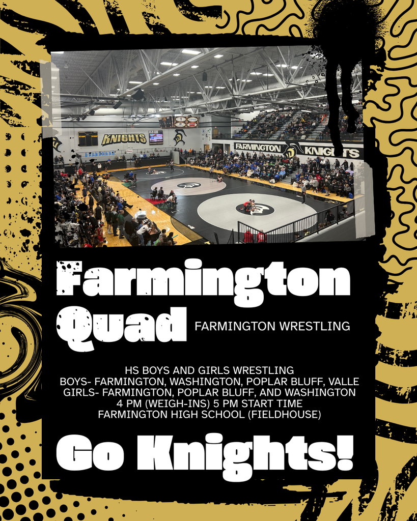 Graphic with the info for the 12/9 quad and picture of the Black Knight Fieldhouse set up with wrestling mats.
