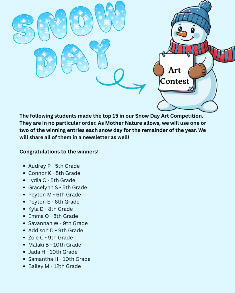 The image is a flyer titled "SNOW DAY" in large, icy-blue bubble letters with snowflakes. On the right, there is a cartoon snowman wearing a blue hat and a red and white striped scarf, holding a sign that says "Art Contest." The text below states: "The following students made the top 15 in our Snow Day Art Competition. They are in no particular order. As Mother Nature allows, we will use one or two of the winning entries each snow day for the remainder of the year. We will share all of them in a newsletter as well! Congratulations to the winners!" A bulleted list of the top 15 winners and their grade levels follows: Audrey P - 5th Grade, Connor K - 5th Grade, Lydia C - 5th Grade, Gracelynn S - 5th Grade, Peyton M - 6th Grade, Peyton E - 6th Grade, Kyla D - 8th Grade, Emma O - 8th Grade, Savannah W - 9th Grade, Addison D - 9th Grade, Zoie C - 9th Grade, Malaki B - 10th Grade, Jada H - 10th Grade, Samantha H - 10th Grade, and Bailey M - 12th Grade.