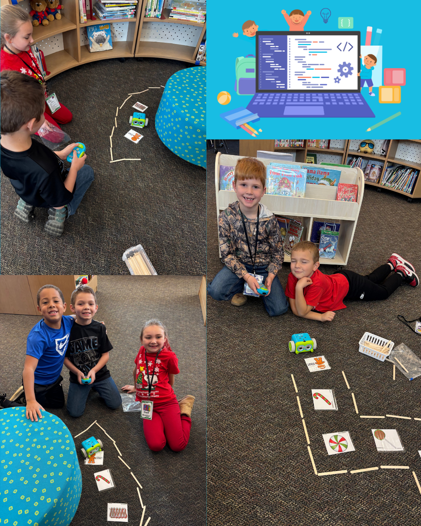 collage of pictures of students in library participating in the coding activity