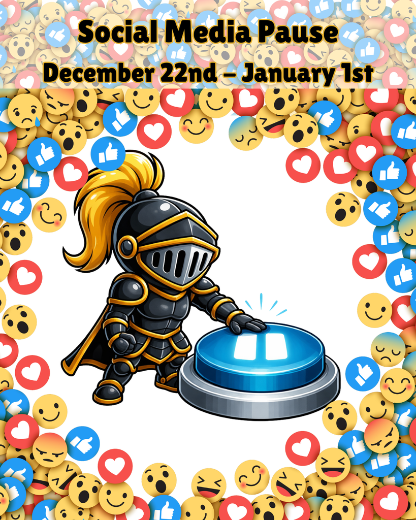 The little knight cartoon hitting a pause button. border is colorful emojis