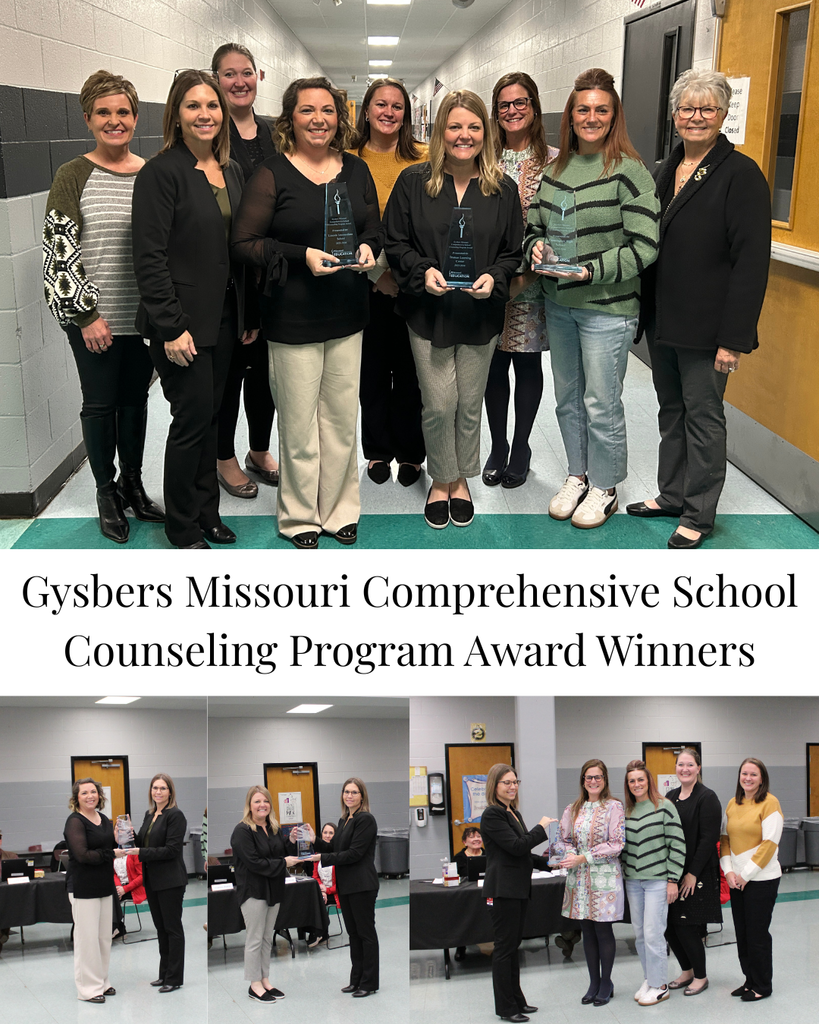 Gysbers Missouri Comprehensive School Counseling Program Award Winners and the representatives giving them the awards at the BOE meeting