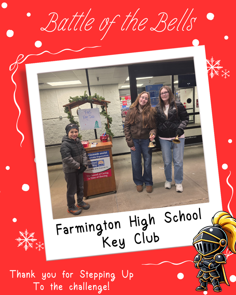 Farmington High School Key Club members ringing the bell along with an elementary student.