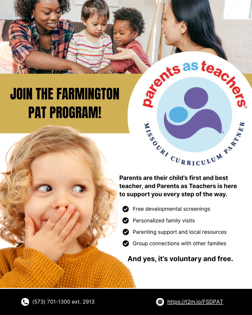 Parents are their child’s first and best teacher, and Parents as Teachers is here to support you every step of the way.  ✔ Free developmental screenings ✔ Personalized family visits ✔ Parenting support and local resources ✔ Group connections with other families  And yes, it’s voluntary and free.  ✨ Join us again for Stay, Play & Learn on January 30!  📞 (573) 701-1300 ext. 2913 🔗 https://t2m.io/FSDPAT