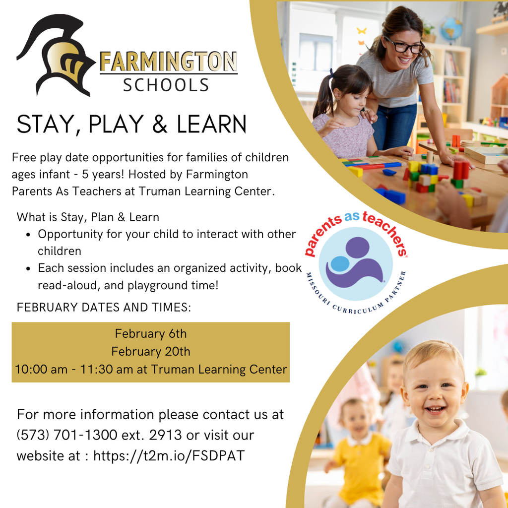 ❤️ February is for learning through play!  Stay, Play & Learn offers a fun, relaxed space for young children to explore and interact, while caregivers connect with other families.  📅 February 6 & February 20 👶 Infant–5 years 📍 Truman Learning Center 📖 Playtime, activities, storytime, and playground fun  📞 (573) 701-1300 ext. 2913 🔗 https://t2m.io/FSDPAT