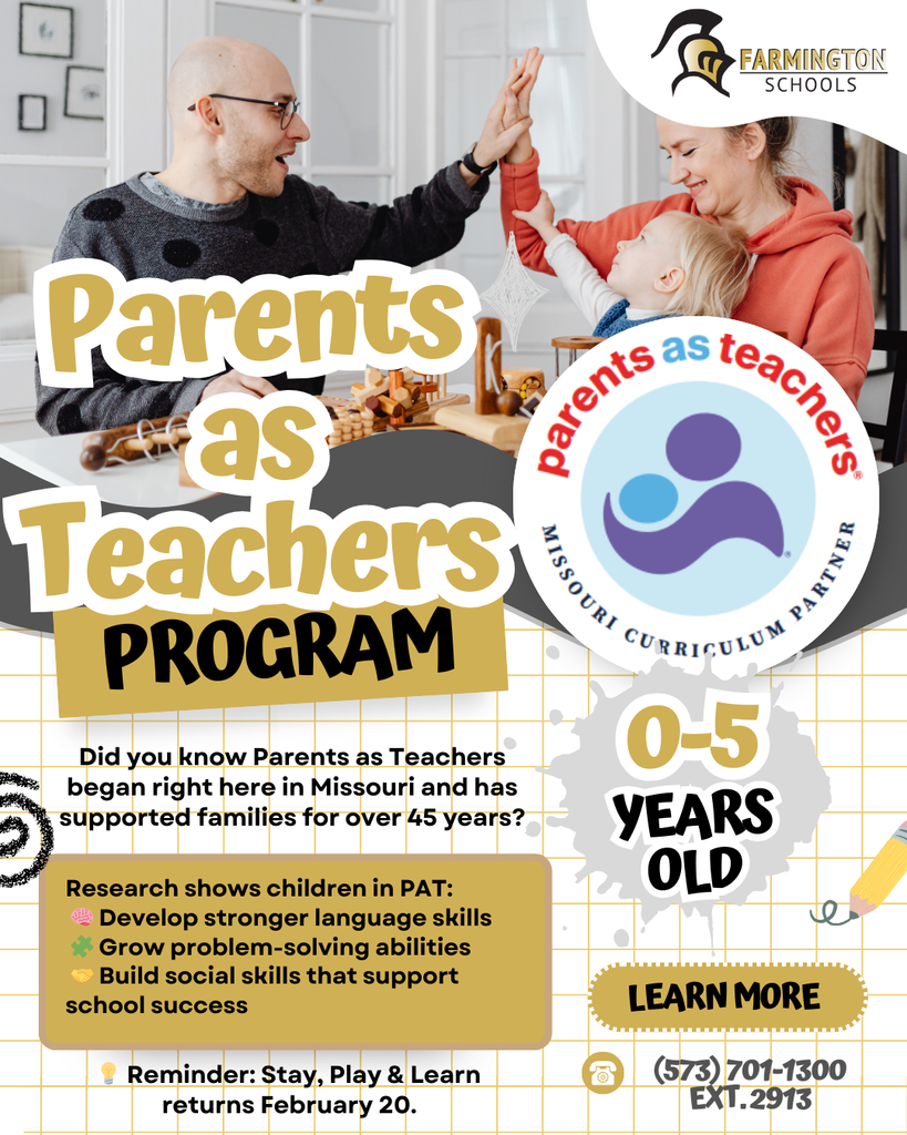 Did you know Parents as Teachers began right here in Missouri and has supported families for over 45 years?  Research shows children in PAT: 🧠 Develop stronger language skills 🧩 Grow problem-solving abilities 🤝 Build social skills that support school success  💡 Reminder: Stay, Play & Learn returns February 20.  📞 (573) 701-1300 ext. 2913 🔗 https://t2m.io/FSDPAT