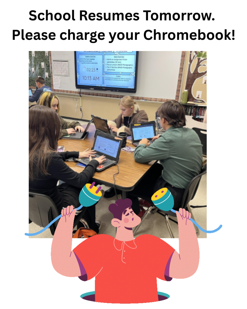 School Resumes Tomorrow students at Chromebooks and a gif of a person plugging in two cords.