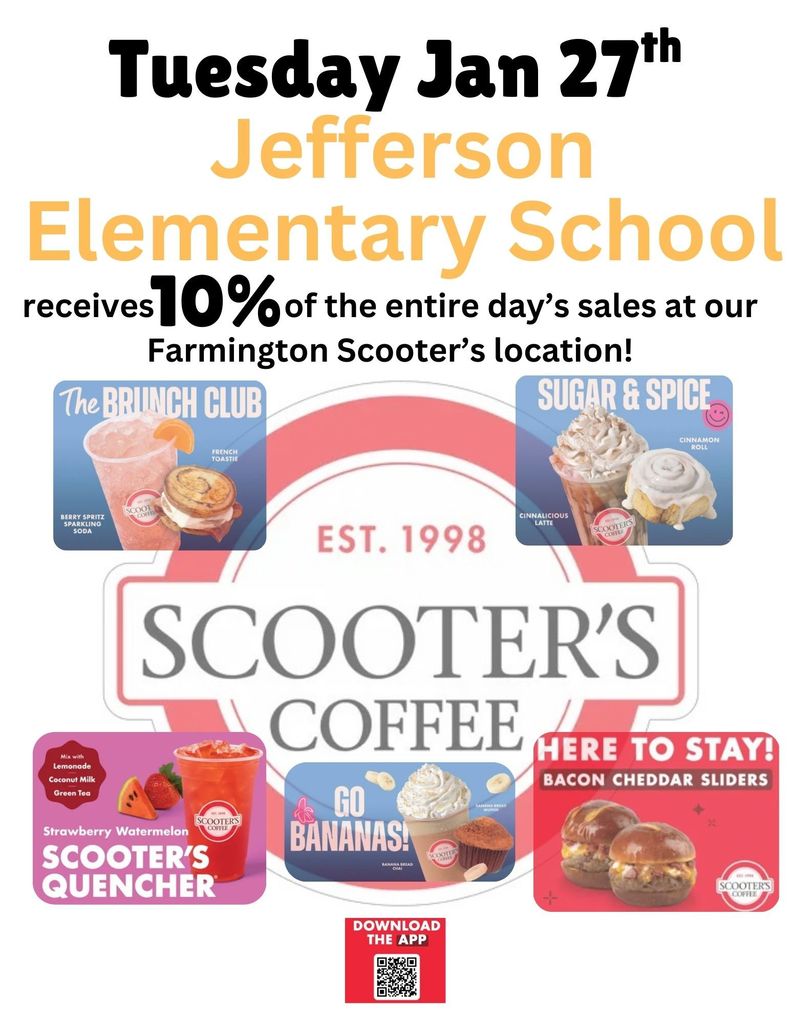 Tuesday, Jan 27th help support Jefferson Elementary! 10% of the entire day comes back to Jefferson!
