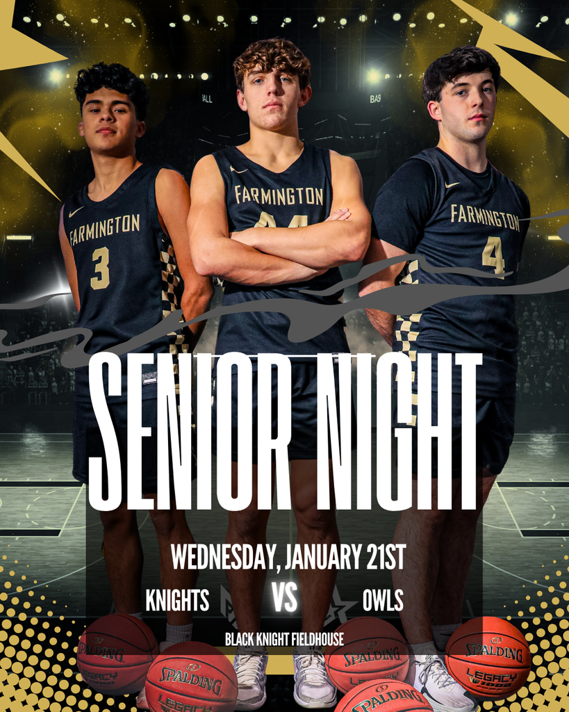 Senior Night graphic and a picture of the three senior boys basketball players 