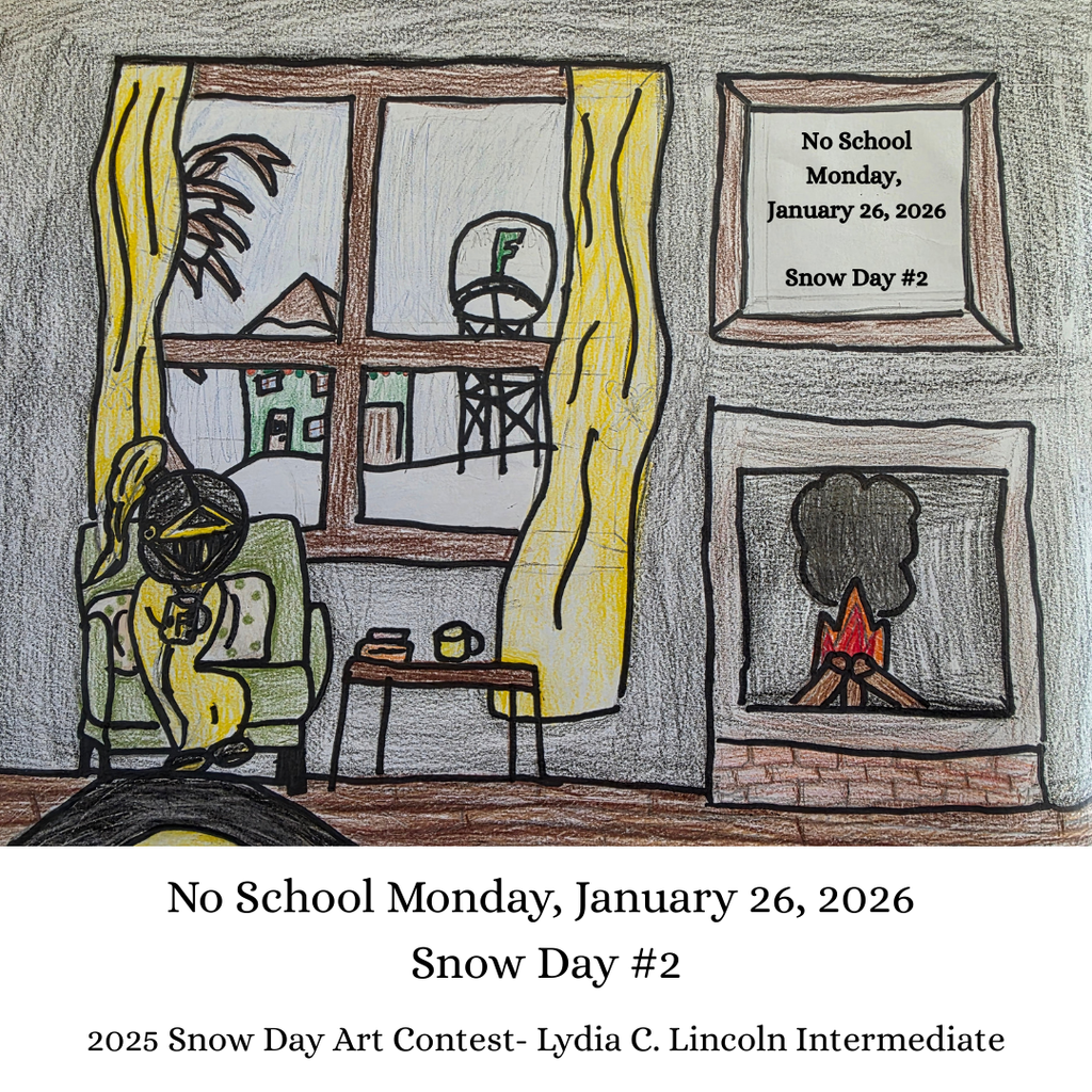 Lydia C Lincoln Intermediate snow Day artwork Knight drinking hot chocolate by a fire inside a home overlooking the Farmington water tower. 