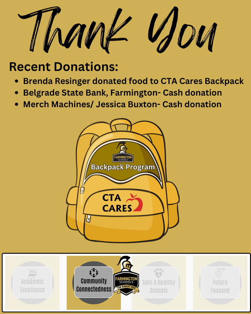 January Donations Recent Donations: Brenda Resinger donated food to CTA Cares Backpack Belgrade State Bank, Farmington- Cash donation Merch Machines/ Jessica Buxton- Cash donation