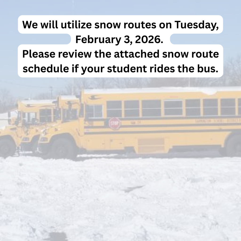 We will utilize snow routes on Tuesday, February 3, 2026.  Please review the attached snow route schedule if your student rides the bus.