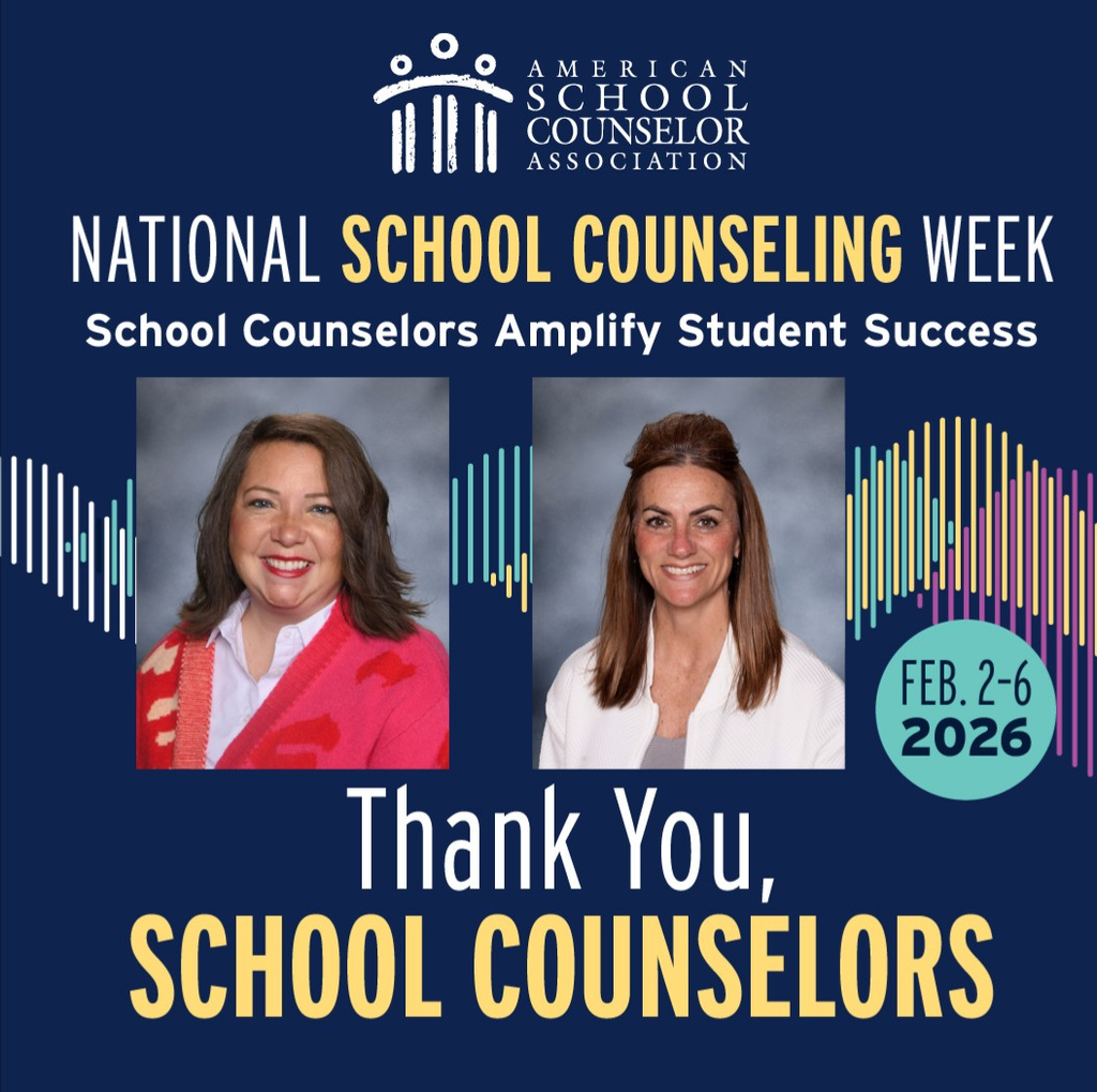 The graphic features a dark blue background with the theme: "School Counselors Amplify Student Success." In the center are two portrait photos of school counselors. Colorful soundwave graphics in white, teal, and yellow frame the portraits, and a circular badge on the right side displays the dates. Large white and yellow text at the bottom reads, "Thank You, School Counselors."
