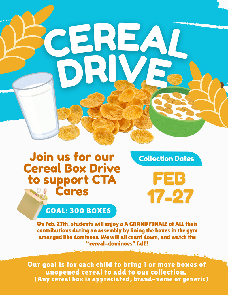 cereal drive, goal is to collect 300 boxes of cereal by 2/27/26