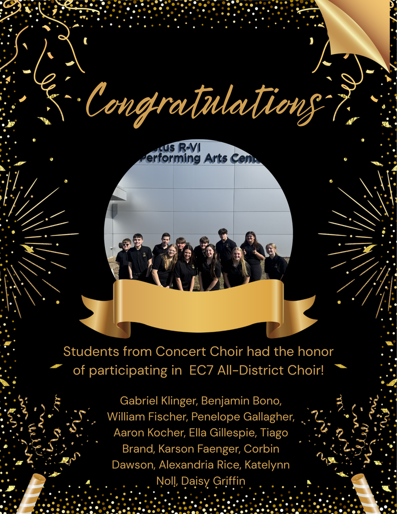 Congratulations Concert Choir participating in All District Choir! Gabriel Klinger, Benjamin Bono, William Fletcher, Penelope Gallagher, Aaron Kocher, Ella Gillespie, Tiago Brand,  Karson Faenger, Corbin Dawson,  Alex Rice, Kate Noll, Daisy Griffin