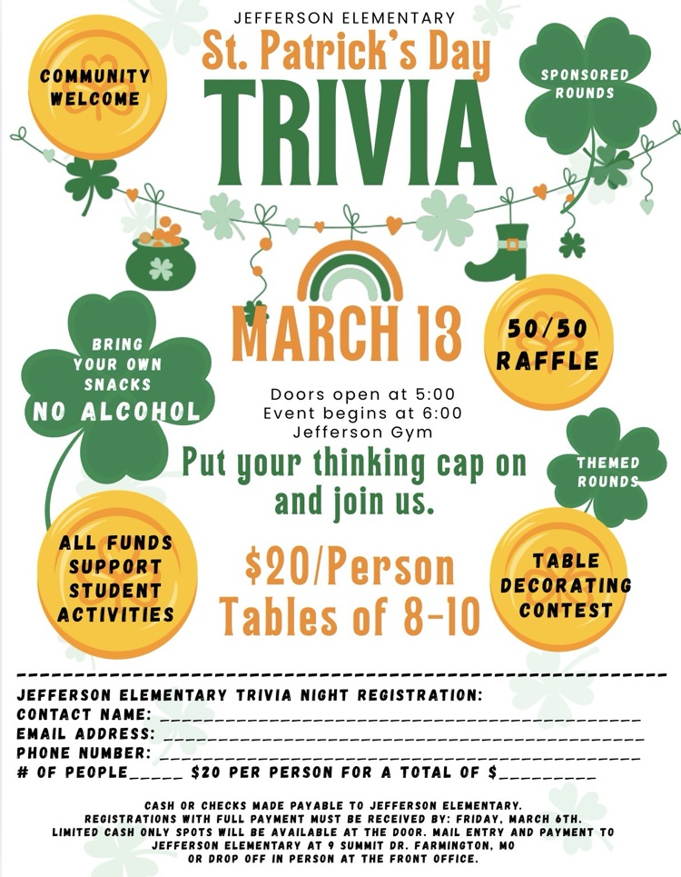 but you’re thinking cap on and join us on March 13 for trivia night $20 per person. Tables can see 8 to 10. Doors open at five trivia starts at six at the Jefferson gym.