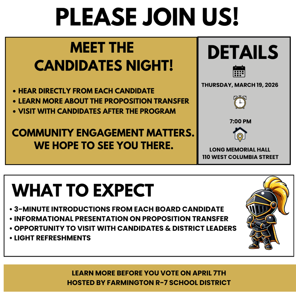 Graphic with a gold and black Farmington Knights theme titled “Planning Ahead for Our Schools” and “Clarifying Proposition Transfer.” Background image shows students working at classroom tables. Text reads: “We know school finance can feel complex. Proposition Transfer: Adjusts how existing school tax dollars may be used. Does not raise the total school tax rate. Does not create new taxes.” Bottom text invites the public to attend an informational meeting on March 19 at 7:00 pm at Long Hall.