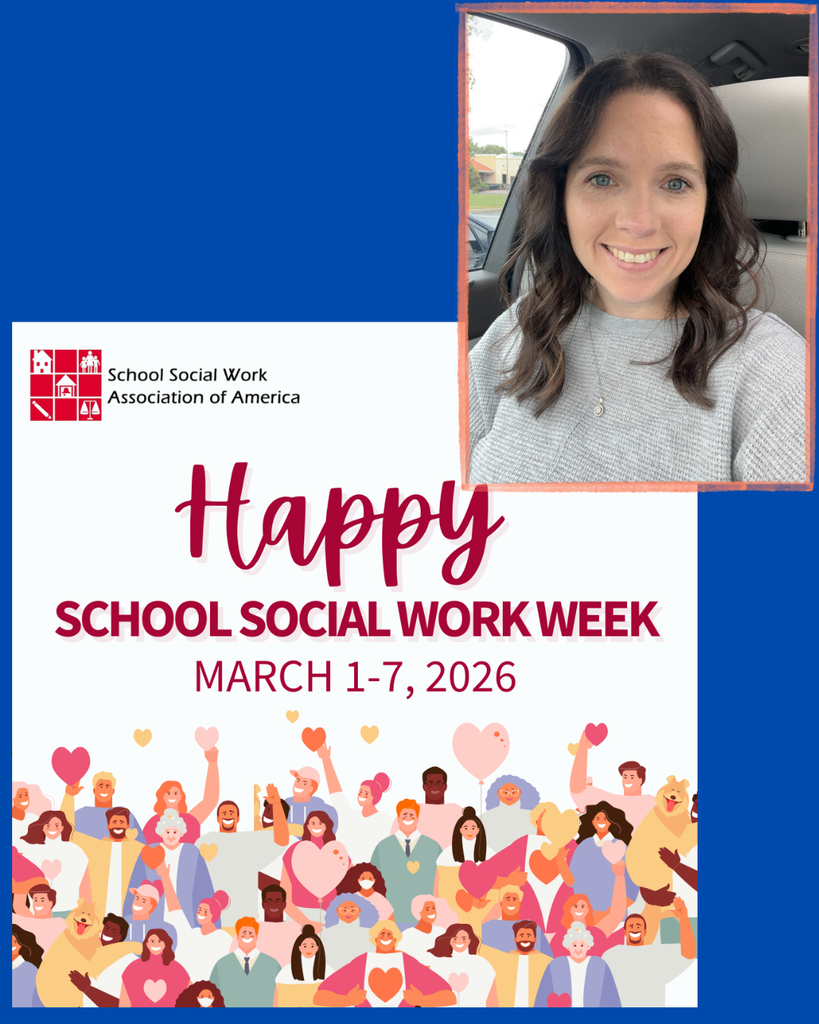 A promotional graphic for School Social Work Week 2026. The top right features a framed photo of a smiling woman with shoulder-length brown hair. The top left includes the School Social Work Association of America logo. Below the photo, large text reads "Happy SCHOOL SOCIAL WORK WEEK MARCH 1-7, 2026" in maroon and pink lettering. The bottom of the image shows a colorful illustration of a diverse group of people of all ages and backgrounds smiling and holding up various sized hearts. The entire design is set against a vibrant blue background.