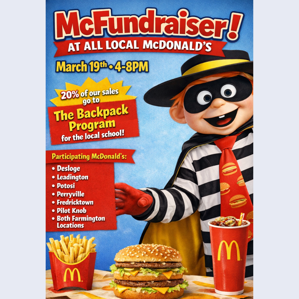 4-8 pm mcfundraiser March 19th 20% of sales go to backpack program