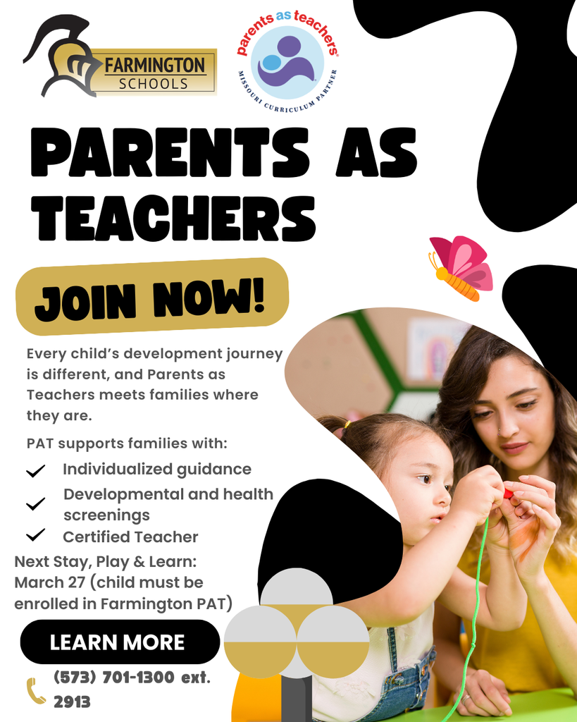 Every child’s development journey is different, and Parents as Teachers meets families where they are. PAT supports families with: ✔ Individualized guidance ✔ Developmental and health screenings ✔ Community connections and resources 📅 Next Stay, Play & Learn: March 27 📞 (573) 701-1300 ext. 2913 🔗 https://t2m.io/FSDPAT