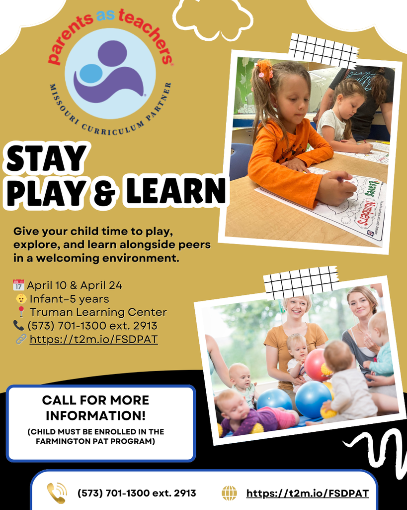🌼 April Stay, Play & Learn dates are here! Give your child time to play, explore, and learn alongside peers in a welcoming environment. 📅 April 10 & April 24 👶 Infant–5 years 📍 Truman Learning Center 📞 (573) 701-1300 ext. 2913 🔗 https://t2m.io/FSDPAT