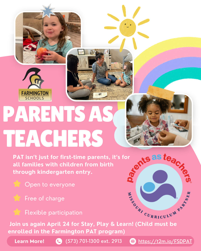 PAT isn’t just for first-time parents, it’s for all families with children from birth through kindergarten entry. ✔ Open to everyone ✔ Free of charge ✔ Flexible participation ✨ Join us again April 24 for Stay, Play & Learn! 📞 (573) 701-1300 ext. 2913 🔗 https://t2m.io/FSDPAT