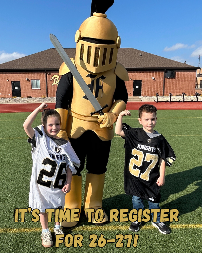 It’s Time To Register for 26-27. Two little kids wearing football jerseys standing with the knight mascot.