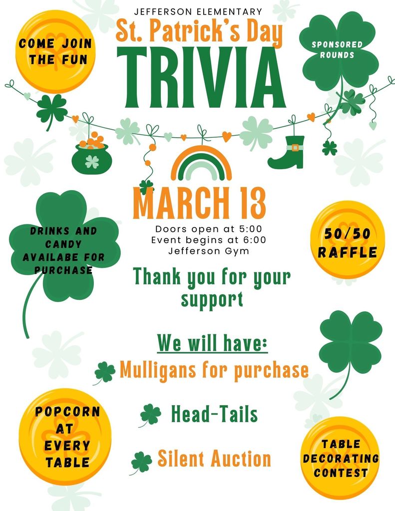 At trivia we will have candy and drinks for sale. 50/50 raffle, table decorating contest, Popcorn for each table,Mulligans for purchase, Heads-Tails, and silent auction. Come join the fun