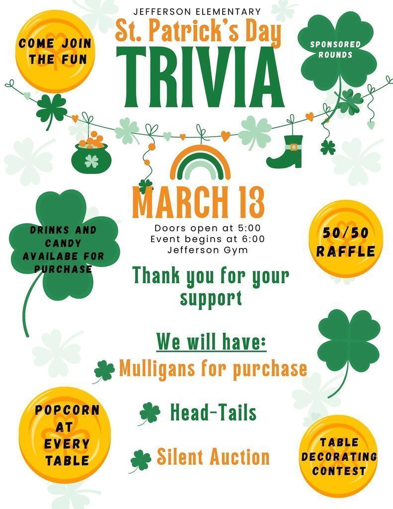 At trivia we will have candy and drinks for sale. 50/50 raffle, table decorating contest, Popcorn for each table,Mulligans for purchase, Heads-Tails, and silent auction. Come join the fun