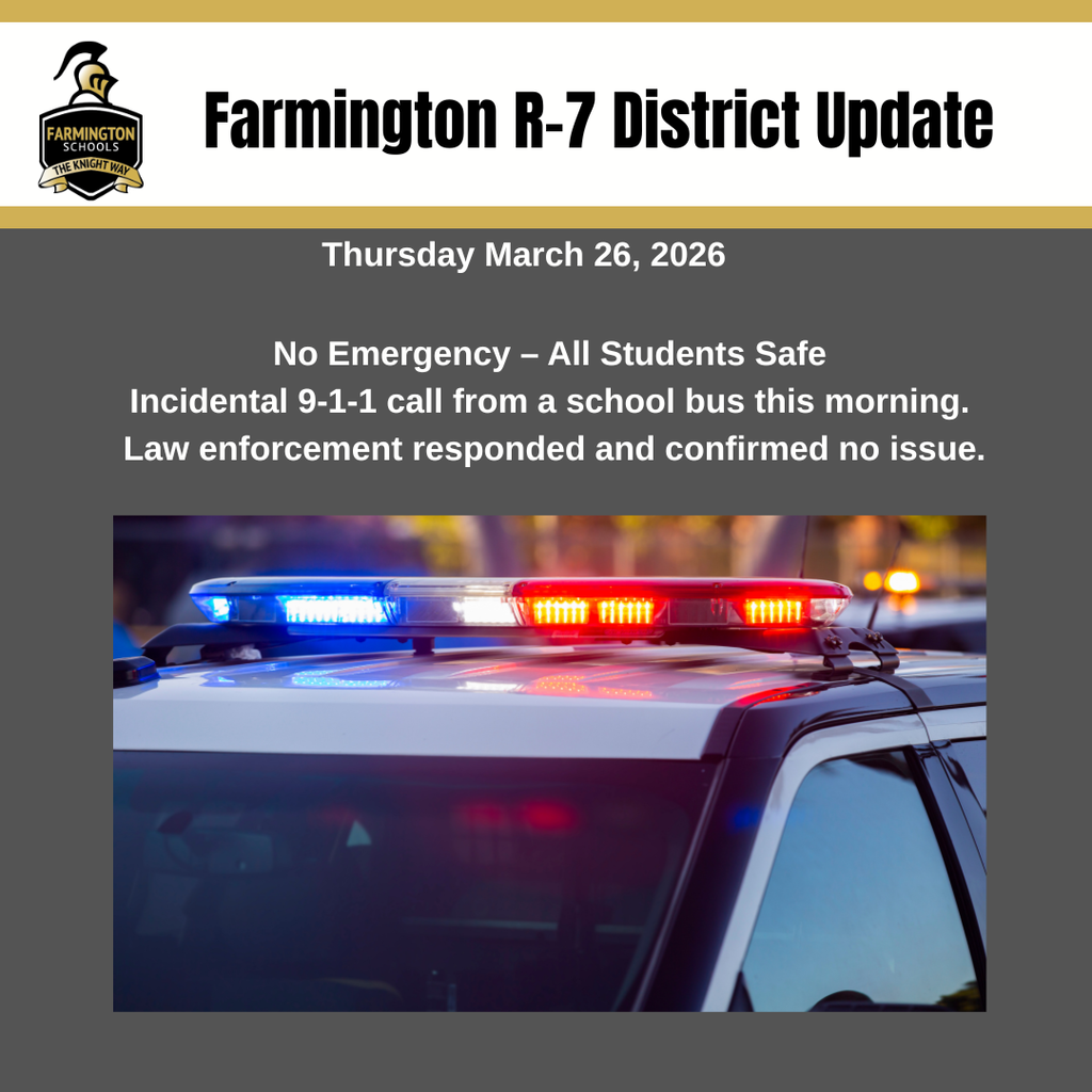 This morning, an incidental 9-1-1 call was made from a school bus. Local law enforcement responded and investigated the situation. There is no emergency, and all students and staff are safe. We appreciate the quick response from our local first responders and the care they take in ensuring student safety.