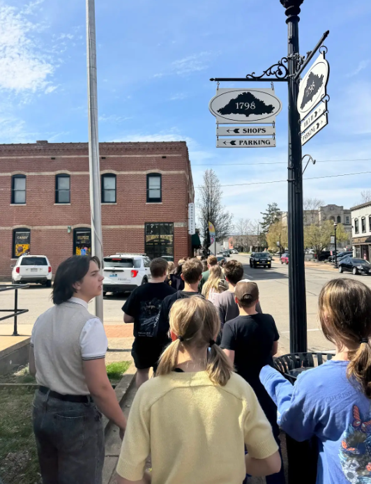 Students walk downtown