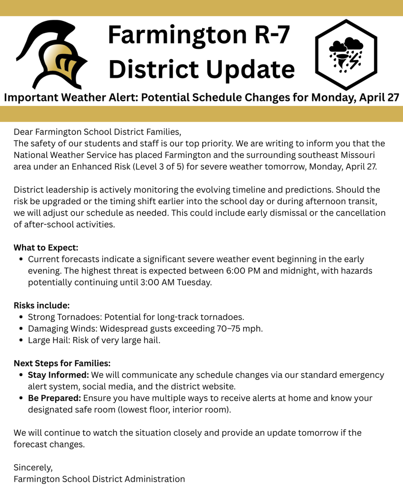 Weather Announcement for April 27th 