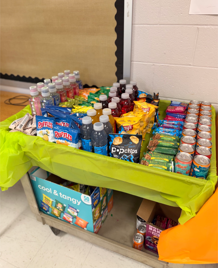 Cart of snacks for Teacher Appreciation Week.
