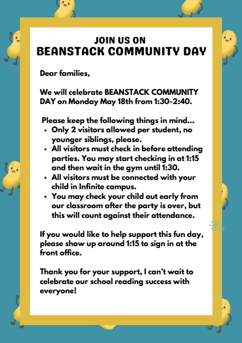 Beanstack Day is Monday, May 18th! Visitors welcome at 1:30!