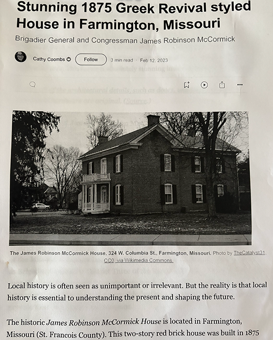 Newspaper article about a historic home in Farmington 