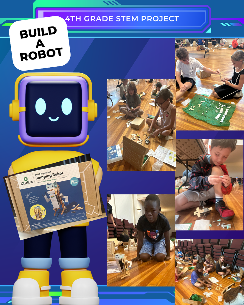 Collage of kids building a robot